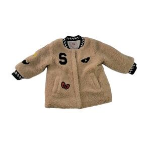 Varsity Jacket Faux Fur  Coat Girls Size 5 kids with patches,..bee, stash' sail‎